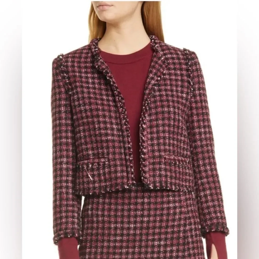 Hugo Boss Johella Modern Tweed Cotton Blend Jacket Burgundy & Black crop blazer - Picture 1 of 8